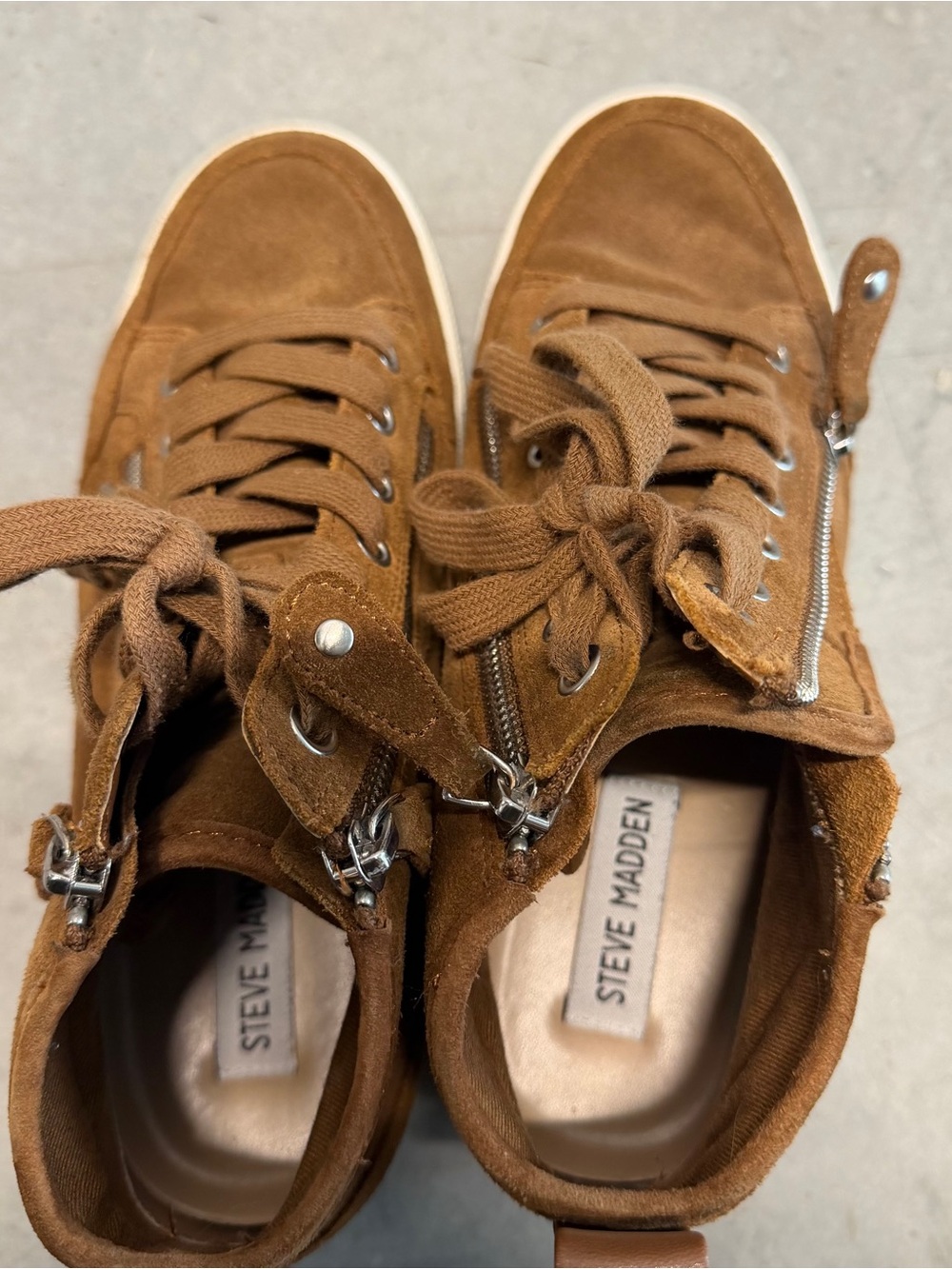Steve Madden Brown Suede High Top Sneakers Side Zip Lace Up Casual Shoes 8